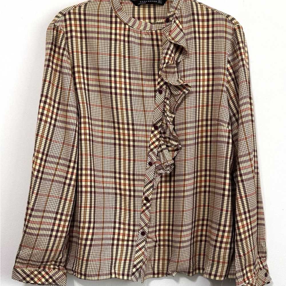 NWOT Zara Brown and Cream Plaid Ruffle Blouse